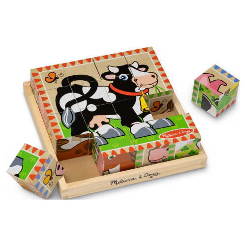 Melissa & Doug Farm Wooden Cube Puzzle with Storage Tray, 6 Puzzles in 1, 16 Wooden Cubes