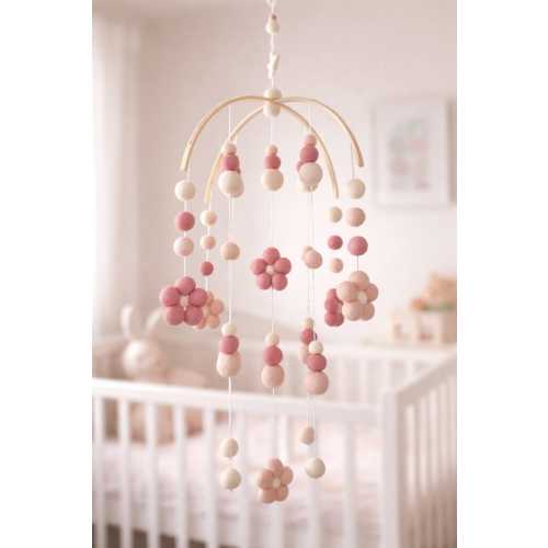 Pink Daisy Baby Mobile: Felt Ball Nursery Decor - baby shower gift