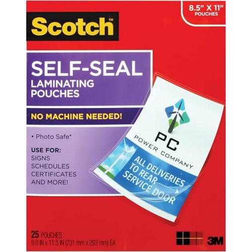 Scotch Self-Seal Laminating Pouches, No Laminator Needed, Letter Size 9.0 in x 11.5 in, 25-Pack, Clear