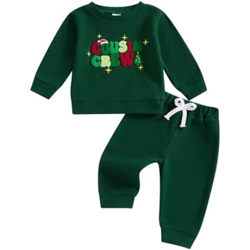 Karuedoo Toddler Baby Boy Christmas Outfit Cousin Crew Embroidery Waffle Knit Long Sleeve Sweatshirt and Pants Set