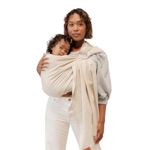 WildBird - Ring Sling Baby Carrier - Newborn to Up to 35 lbs - for Moms, Dads & Caregivers - 100% Natural European Linen Fibers - Versatile & Adjustable - 74 Size - Sparrow Fabric & Bronze Ring