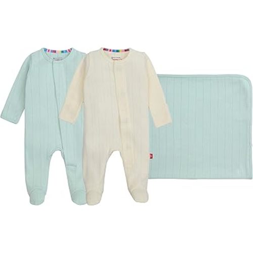 magnetic me Goodnight Baby Gift Set | Magnetic Footie Pajamas & Blanket | Baby Shower Gift for Newborns, Moonlight Pointelle, 0-3M