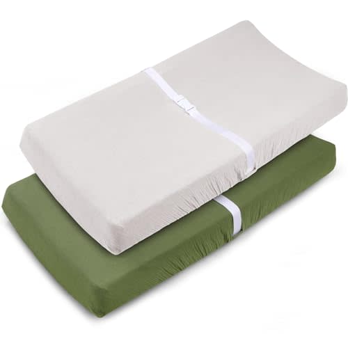 Muslin Changing Pad Cover for Baby Girls Boys-2 Pack 17"x 33" Cotton Soft Diaper Changing Pad Cover-Breathable Changing Pad Sheets-Neutral Boho Olive Green & Beige