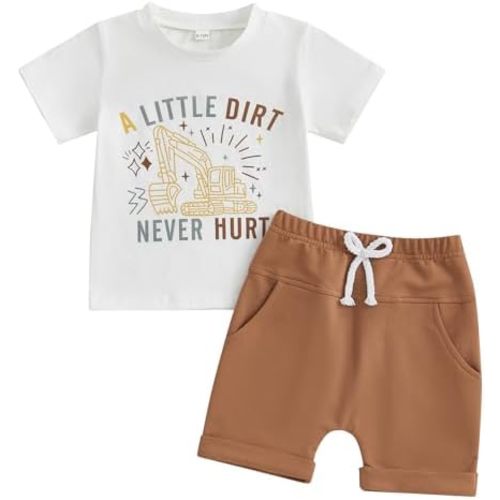 Engofs Toddler Baby Boy Clothes Summer Outfit Short Sleeve Tractor Letter Print T Shirt Shorts Set