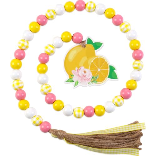 Cheerupp Pink Lemon Wood Bead Garland with Tassels, Lemonade Decorative String Beads Home Decor, Rustic Farmhouse Beaded Garland with Jute Rope Tassel and Wooden Tag for Tiered Tray Window Wall Decor