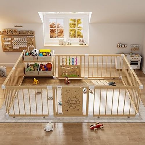 IKALIFE Large Wooden Baby Storage Playpen - Adjustable Play Yard for Babies and Toddlers, Baby Fence Activity Center with Locking Gate, 4 Toy Storage Cases Portable Play Pen 9+3 Panels 47.2”×70.9”