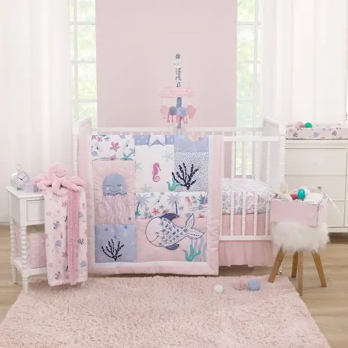 NoJo Mermaid Lagoon Pink, Blue and White Undersea Friends 4 Piece Nursery Crib Bedding Set - Comforter, Crib Sheet, Crib Skirt, and Storage Caddy
