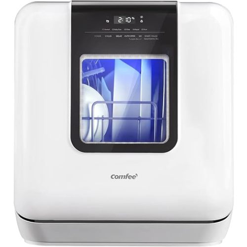 COMFEE' Countertop Dishwasher, Portable Dishwasher with 6L Built-in Water Tank, Mini Dishwasher with More Space Inside, 7 Programs, UV Hygiene& Auto Door Open, for Apartments, Dorms& RVs, White