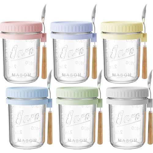 HomArtist 16oz Overnight Oats Containers with Lids and Spoons, 6 Pack Wide Mouth Mason Jars with Airtight Lids, Overnight Oats Jars for Salad, Chia Seed, Cereal, Yogurt