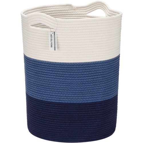 Large Woven Cotton Rope Laundry Basket with Handles, 20 x 14 in | Collapsible Knitted Hamper, Closet Shelf Organizers, Containers for Clothing, Blankets, Toys, Bedding, Navy