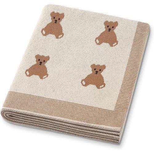 Organic Cotton Baby Blanket - Soft Luxury Knit Receiving Blanket for Newborns & Toddlers, Cozy Breathable Stroller Blanket with Pattern, Unisex, 30x40Inch(Bear-Khaki)