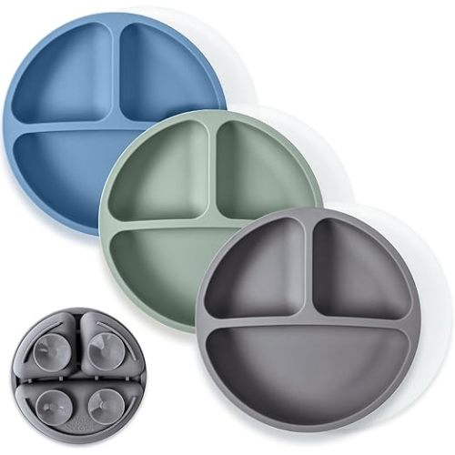 WeeSprout Suction Plates with Lids for Babies & Toddlers - 100% Silicone, Dinnerware Stays Put, Divided Design for Picky Eaters, Microwave & Dishwasher Friendly, 3 Pack