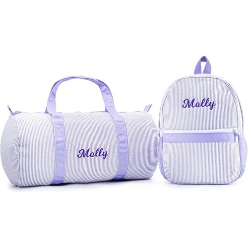 MT WORLD Seersucker Kids' Backpacks and Travel Duffel Bags Set - Personalized Toddler Backpacks & Weekender Overnight Duffle for Little Girls - Child Backpack with Dance Bag for Travel Daycare(Purple)