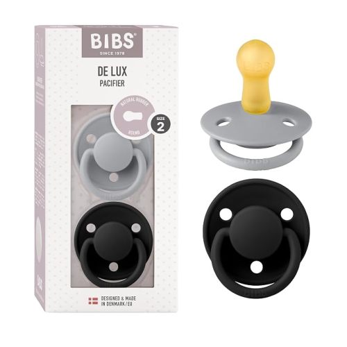 BIBS Pacifiers - De Lux Collection | BPA-Free Baby Pacifier | Made in Denmark | Set of 2 Cloud/Black Color Premium Soothers | Size 0-6 Months