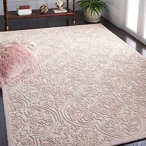 SAFAVIEH Trace Collection Area Rug - 6' x 9', Ivory & Pink, Handmade Wool, Ideal for High Traffic Areas in Living Room, Bedroom (TRC101U)