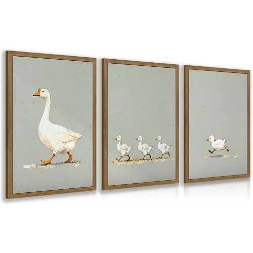 Dynazo Wood Framed Funny Goose Wall Art Set of 3, Rustic Farmhouse Animal Wall Decor, Neutral Cottagecore Poster Prints, Vintage Country Waterfowl Geese Artwork for Kitchen Nursery 12x16 Inch