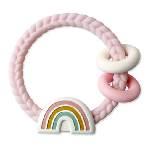 Itzy Ritzy Silicone Teether with Rattle – Rattle Teether Features Rattling Sound, Two Silicone Teething Rings and Raised Texture to Soothe Gums – Ages 3 Months and Up (Pink Rainbow)