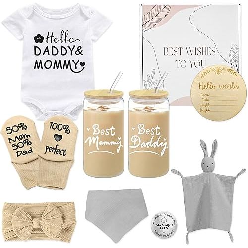 New Mom Gifts Basket for Women,Pregnancy Gifts for New Parents Gifts Basket,Unique Gender Reveal Gifts,New Mom and Dad Gifts with Glass Cups,First Time Mom Gifts,Baby Gifts