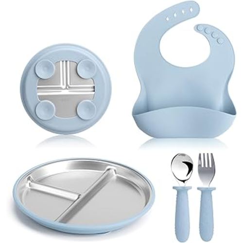 Stainless Steel Kids Plates & Spoon Set with Silicone Bibs–9”Divided Toddler Plates with Removable Suction Cups,Non-Toxic & BPA Free,Non Slip,Dishwasher Safe,Unbreakable baby plates(blue)