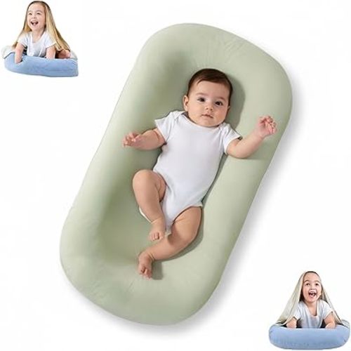 Baby Lounger for Newborn to 24 Months, Bionic Design, Soft Organic Cotton, Breathable, Portable Nest for Baby Home & Travel (Green)