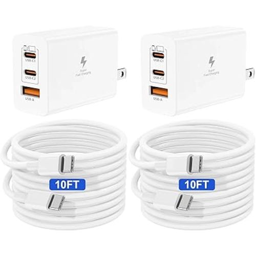 65W USB C Fast Charger Block and 10ft Type C to C Cable Cord Long,3-Port 100W USB C+USB A Wall Charging Plug Power Adapter for MacBook Pro/Air/iPad/Apple iPhone 17 16 15 Pro Max/Samsung Galaxy S26 S25