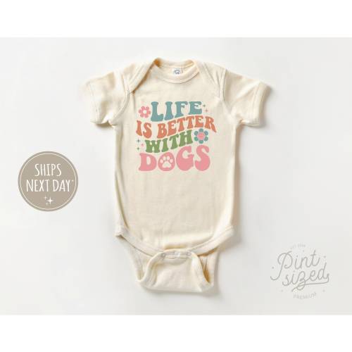 Life is Better with Dogs Onesie® - Cute Pet Bodysuit - Retro Natural Baby Onesie®