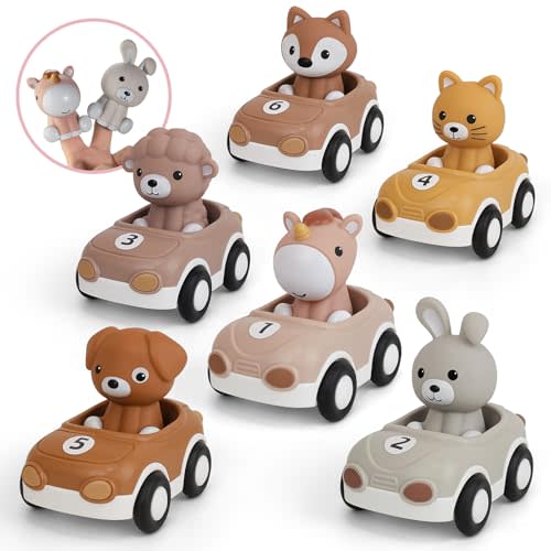 6-Pack Toy Cars for Toddlers 1-3, Vehicles with Finger Puppets | 6 Friction Cars & 6 Puppets, 2-in-1 Interactive Play, Color Matching Game, STEM Cause & Effect, Ideal Toddler Gift