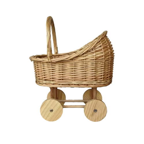 Feledorashia Woven Rattan Flower Basket, Pram Shaped Flower Basket, Multifunctional Flower Arrangement Basket with Wheel and Handle, Rustic Home Decor for Weddings Party Candy Display
