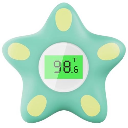 Baby Bath Thermometer for Infant & Toddler, Floating Digital Water Thermometer with 3‑Color LED Backlight, Baby Bath Toy, Hot & Cold Alert, BPA‑Free, Green Starfish
