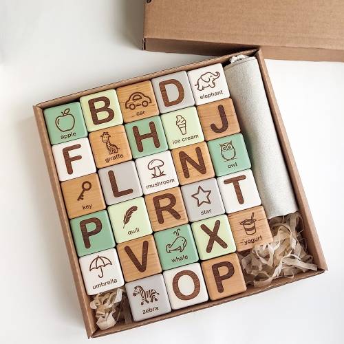 Wooden Alphabet Blocks Set – Engraved Alder Wood, Neutral Colors