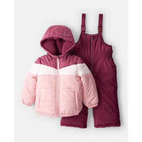 Toddler Girl 2-Piece Color Block Hooded Snowsuit Jacket & Bib Set - Pink/Red - Carter's | Carter's