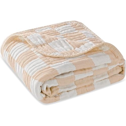 Ultra Soft Muslin Baby Blanket - Made with Organic Cotton, Neutral Earth Tone Checkered Swaddle & Crib Quilt, 43x43 (Beige)
