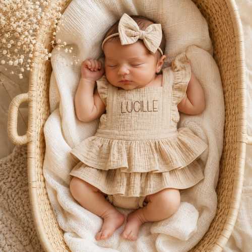Personalized Baby Girl Romper with Name Embroidery | Muslin Ruffle Bubble Romper & Bow Headband | Newborn Baby Shower Gift