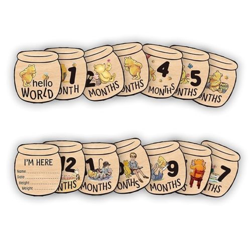 Baby Bear Month Milestone Circles, Wooden Honey Pot Shaped, for Baby Photo Shoots with 'Hello, World' Name Signs - 7 Double-Sided Signs for Documenting Growth