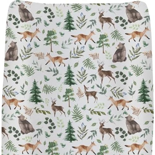 Whimsy Animals Green Pine Trees Changing Pad Covers for Baby Girls Boys Cute Animals Boho Leaves Fitted Changing Table Mats Bear Deer Wildlife Soft Diaper Change Table Sheets 32''×16''