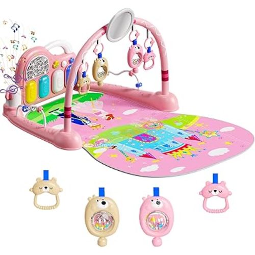 Baby Play Mat Kick and Play Piano Gym,Baby Floor Play Gym Tummy Time Mat,Baby Activity Mat with Music Lightsat and Sensory Toys Boy & Girl Gifts for Infant Newborn 0 to 3 6 9 12 Months (Pink)