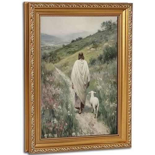 Vintage Gold Framed Jesus Leaves the 99 Sheep Wall Art Jesus and Lamb Wall Decor The Lost Sheep Picture Christian Canvas Prints Religious Painting for Living Room Bedroom Church