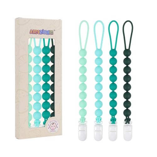 4 Pcs Green Baby Silicone Teething Pacifier Clip,One-Piece Design,Round Shape,Smooth Surface,BPA Free.