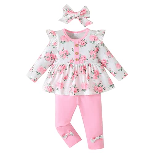 YWFSHOP Baby Girl Clothes Outfits Ruffle Sleeve Shirt Top and Pants Toddler 3 Piece Set Fall Winter