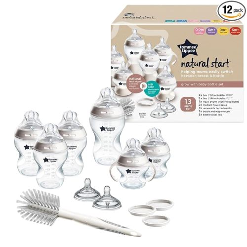Tommee Tippee Natural Start Baby Bottle Set, Breast-Like Nipples, 0m+ | 12 Pieces, 2x5oz, 3x9oz, 1x11oz Bottles, Slow, Medium & Thicker Flow Nipples, Cleaning Brush, BPA Free, Clear