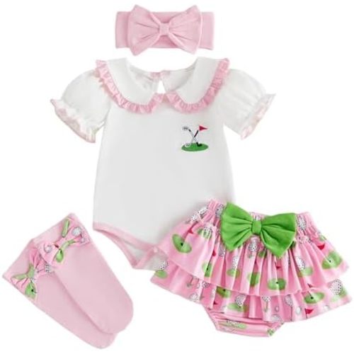 Newborn Baby Girl Golf Outfit Doll Collar Romper Golf Print Shorts Bow Headband Socks Baby Girl Summer Clothes