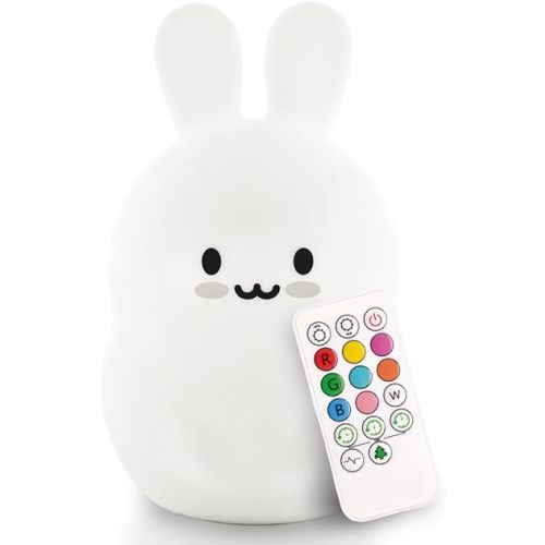 Lumipets Baxter the Bunny Squishy Night Light for Kids | Silicone Lamp with Tap & Remote Control | Rechargeable Color Changing Animal Night Light for Boys & Girls | Portable Nightlight with USB Cord