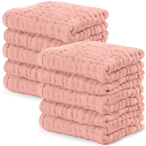 Comfy Cubs Muslin Baby Washcloths 10 Pack - Soft 6-Layer Cotton Wash Cloths for Sensitive Skin - 10"x10" Large, Gentle, Absorbent Infant Essentials for Newborn and Toddlers - Bold Blush