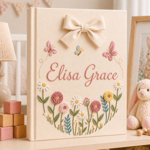Personalized Embroidered Baby Photo Album, Floral Butterfly Baby Scrapbook, Embroidered Photo Album With Sleeves, Newborn Keepsake Album