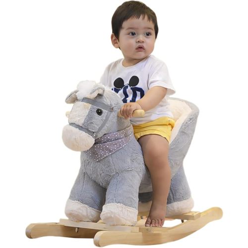 Rock My Baby Rocking Horse with Chair, Plush Stuffed Pony Rocker for Toddlers 1-3, Baby Rocker with Sweet Music, Wooden Ride-On Toy, (Gray Horse) CPC Certified