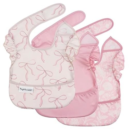 Tiny Twinkle Mess-Proof Baby Bibs for Eating | Waterproof, Wipeable Toddler Bibs with Catch-All Pocket | Feeding Bibs for Girls & Boys(3 Pack,Toile,Bows)