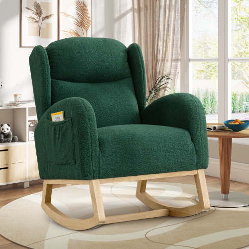 Muumblus Wingback Glider Rocking Chair for Baby Nursery, Adult, Indoor, Green Teddy
