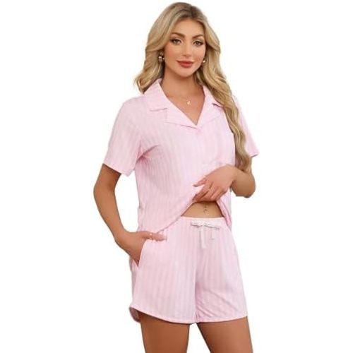 LYCY Women's Striped Pajamas Set, Cute Button Down Short Sleeve Pjs 2 Piece Notch Collar Sleepwear Summer