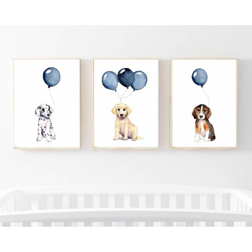 puppy dog nursery theme, navy blue baby nursery, dog watercolor art, set of three prints, nursery decor boy, dog art prints