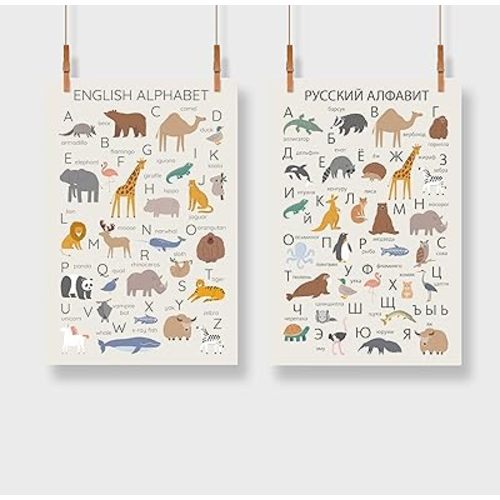 Russian English Alphabet Poster with Animals, ABC Educational Art Decor For Children's Room Nursery Bedroom Classroom (11x16)